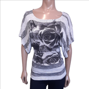 3/$20 Sirens Batwing Striped Floral Graphic Tunic Top Womens Small Grey Black